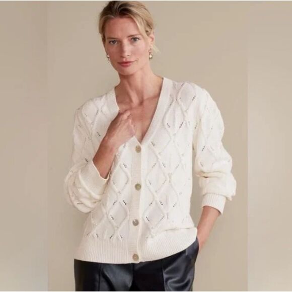 Soft Surroundings Meryl Beaded Cable Knit Classic Cardigan Ivory Sweater Size M - Picture 1 of 16